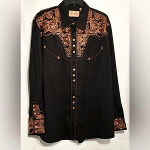 MENS XL SCULLY BLACK W/COPPER EMBROIDERY FRONT/BACK LONG SLEEVE SNAP FRONT SHIRT
